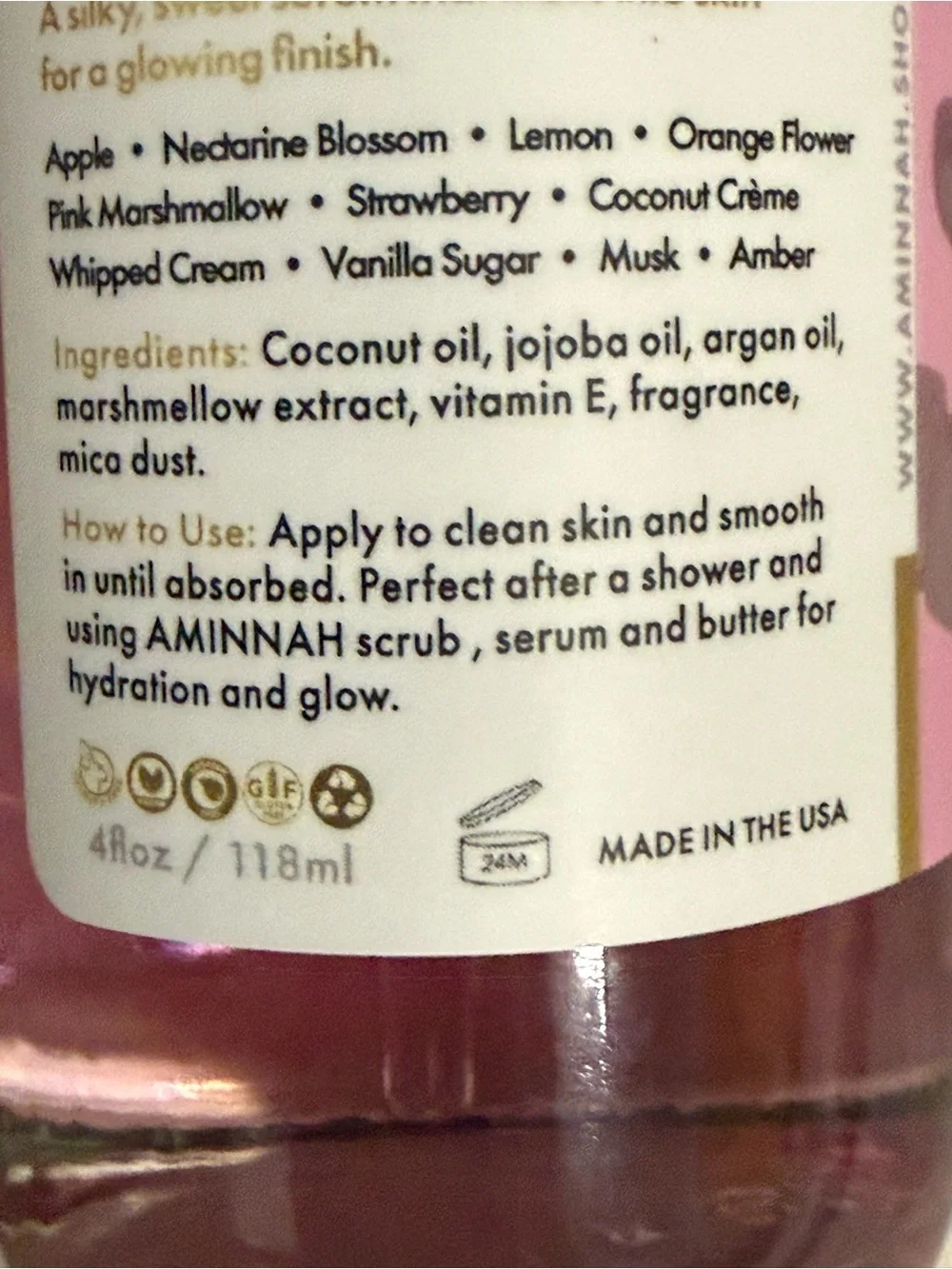 Aminnah “Yum Marshmallow” Body Oil - limited Edition Hydrating Skin Serum! NEW